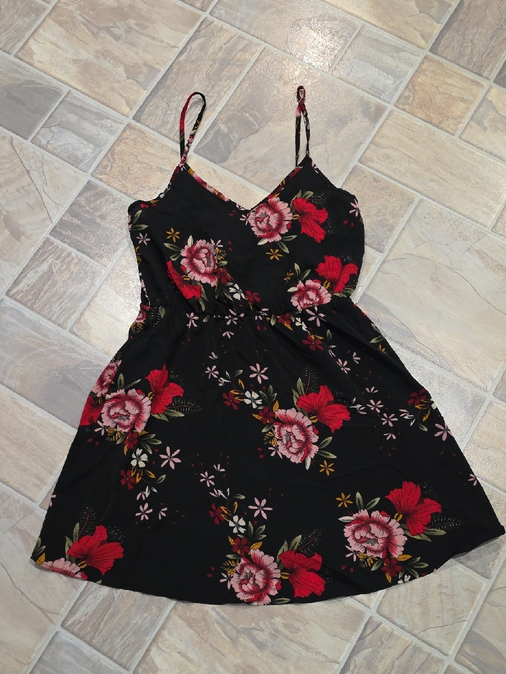 SHEIN Black Floral Spaghetti Strap Dress with Red and Pink Blooms